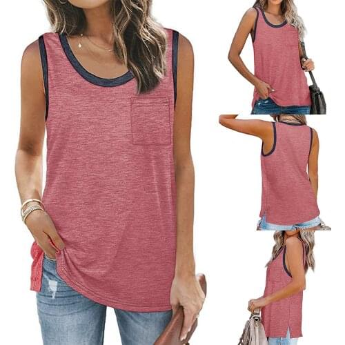 Womens Loose-Fitting Solid Color Sleeveless Vest Hit Color Pullover Round Neck T-Shirt Split Red
