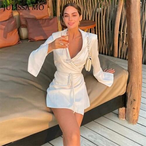 Julissa Mo New Satin Flare Sleeve Deep V-Neck Mini Dresses Women Autumn Summer Lace Up Shirt Dress Female Elegant Party Vestidos