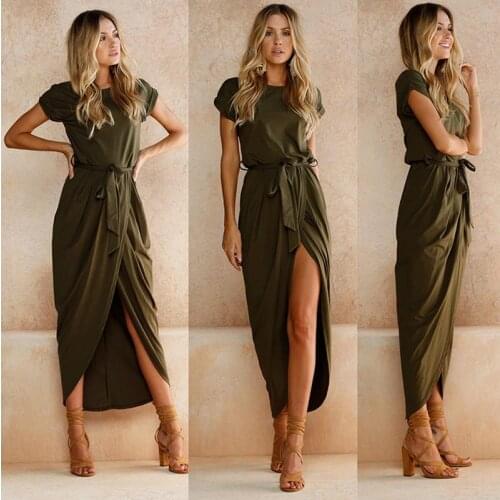 Army Green Ladies High Street Split Sexy Dress Solid Summer Beach Style Short Sleeve Casual Dress Vestidos