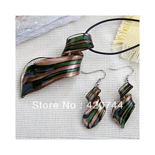 12 Sets/Lot Twist Green Glass Murano Pendant Necklace Earrings Set CHIC