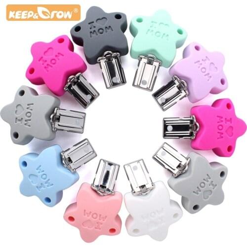Keep&Grow 20pcs I love mom Silicone teether metal Clip Pacifier silicone Accessories DIY Baby Teething Necklace Pendant Clamp