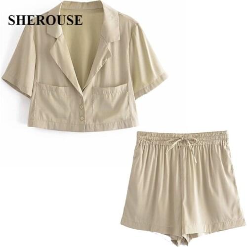 2021 Two Pieces Set Women Cropped Shirt And Shorts Suit Chic Lady Fashion Casual Women Outfit Shorts Set Summer