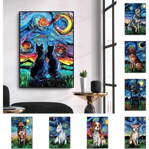 Abstract Graffiti Dogs Cats Night Animal Poster Canvas Painting Prints Wall Art Modular Pictures For Living Room Home Decoration