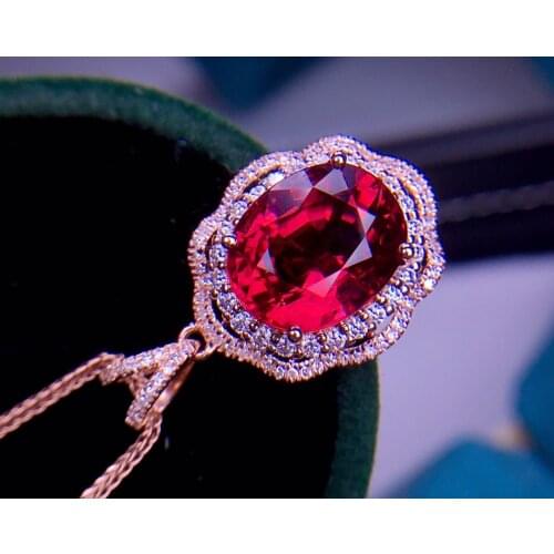 E510 Rubillite Tourmaline Pendant Real 18K Gold 100% Natural Rubillite Tourmaline 4.8ct Gemstones Diamond Pendant Necklace