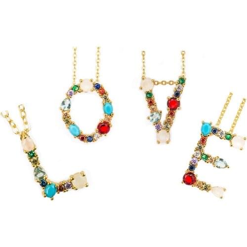Hot Sale 26 English Alphabet Necklace Color Zircon Necklace Color Opal Necklace Korean Personality Gold Letter Necklace