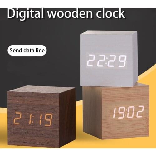 Square Led Digital Wood Clock Electronic Mini Alarm Clock Voice-Activated Smart Home Thermometer Timer Calendar