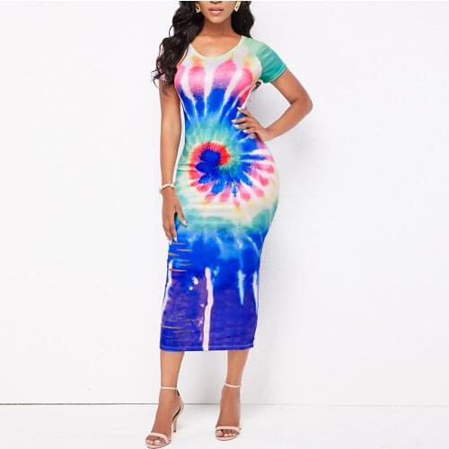 MISSJIOY Women dress Elegant Short-Sleeved Round Neck Print Hitting Color Tie-dye Ripped Hole Tunic Fashion Party Bodycon Dress