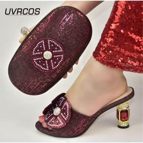 Fashion Italian Design Colorful Crystal Style Noble African Women Shoes and Bag Set With Streamer Modeling in Wine Color 2021