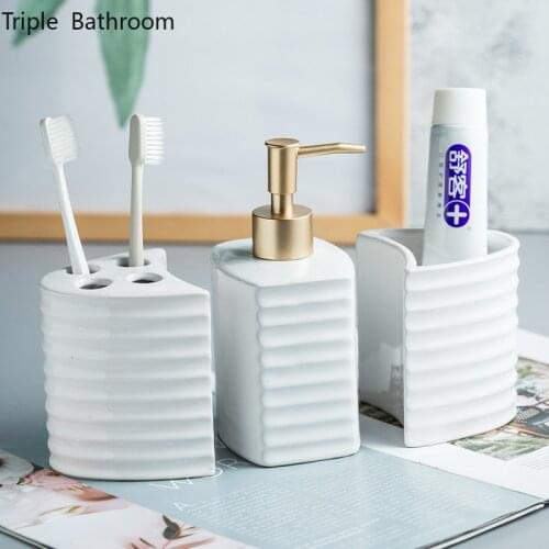 Nordic Three Piece Set Ceramics Bathroom Toiletry Set Home Liquid Soap Dispenser Toothbrush Holder Tooth Mug Washing Tools