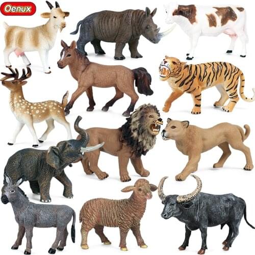Oenux Wild Animal Model Toys Lion Deer Tiger Elephant Action Figrues Farm Goat Horse Cow Educational Toy for kids