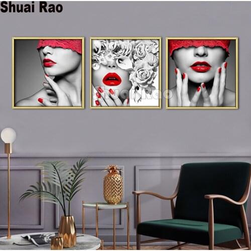 3 piece Red Lip Woman Sexy girl Diamond Painting Full Square Diamond Mosaic Embroidery Triptych Cross Stitch Resin Drill