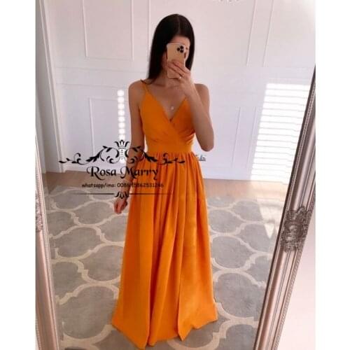 Sexy Orange Cheap Long Prom Dresses A Line High Split Plus Size Simple Satin Vestido De Fiesta De Boda Formal Evening Party Gown