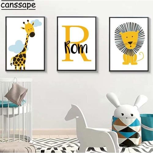 Giraffe Lion Baby Animal Poster Custom Name Canvas Print Nursery Wall Art Paintings Nordic Kids Room Picture Wall Decoration