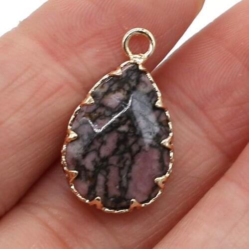 Natural Stone Black Rhodochrosite Pendant Retro Drop-Shaped Single-Hole Charm for Jewelry Making Necklace Accessories 14x23mm