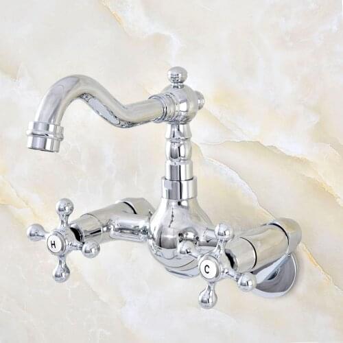 3-3/8" Polished Chrome Dual Cross Handles Wall Mounted Hot&Cold Bathroom Kitchen Basin Sink Swivel Faucet Mixer Tap Nqg207