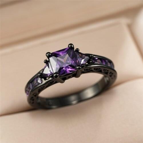 Luxury Female Purple Crystal Stone Ring Charm 14KT Black Gold Wedding Rings For Women Punk Bride Square Zircon Engagement Ring
