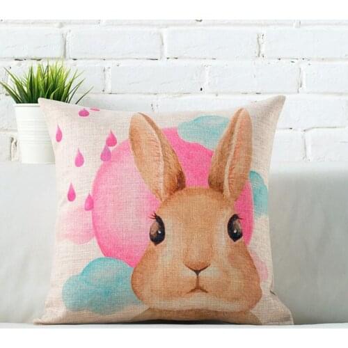 Pink Cute Rabbit Decorative Sofa Throw Pillow Car Chair Home Decor Pillow Case Animal Style Printed Linen Cotton Cushion Cover