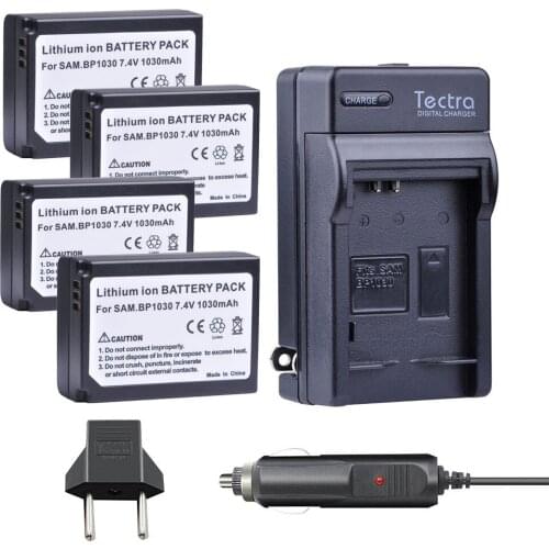 Tectra 4pcs BP-1030 BP 1030 BP1030 Battery + Car Charger for Samsung NX200 NX210 NX300 NX500 NX1000 NX1100 NX-300M Battery