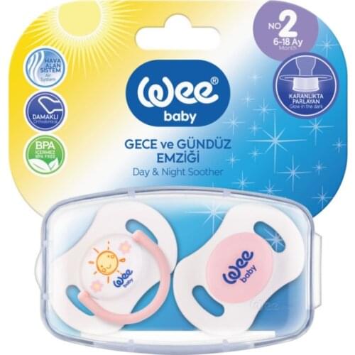 Wee Baby Double Day and Night Pacifier Two Pieces 6 - 18 Months Safe Silicone Orthodontic Glows in the Dark Made in Turkey