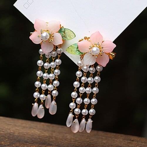 2 pcs Cherry Blossom Pearl Girl Headdress Overhead Clip Flower Women Hair Clips HairpinTraditional Headdress Handmade Hair clip