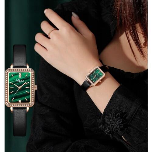Womens Watch Retro Watch Rhinestone Small Green Watch Simple Temperament Square Belt Watch Fashion