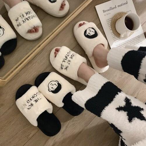 Women House Slippers Winter Couple Cotton Shoes Plush Warm Non-slip Black White Comfortable Female Home Slides 2021 New style