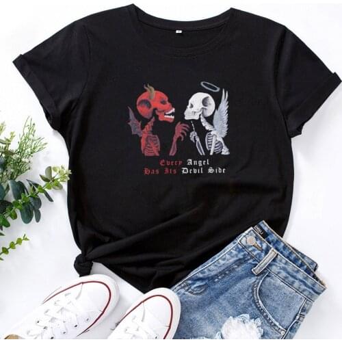 Devil and Angel Graphic Printed Tees Women Summer Short Sleeve O-neck T-Shirts for Women Cotton Casual Loose Tshirt Women
