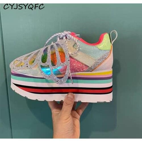 CYJSYQFC Fashion Sequins Illusion Wings Flat Platform Women Sneakers Lace Up Mixed Color Thick Bottom High Heels Ladies Shoes
