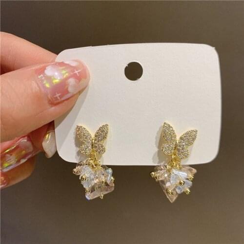 MENGJIQIAO 2021 Korean Cute Micro Paved Zircon Butterfly Drop Earrings For Women Fashion Pink Crystal Boucle D'oreille Jewelry