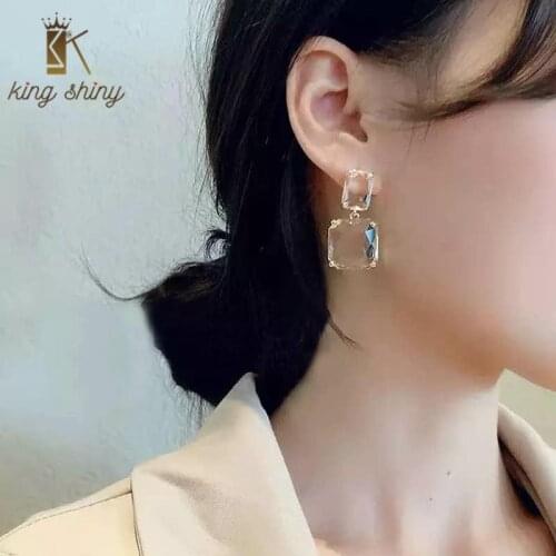 Tempetament Korean Transparent Crystal Dangle Earrings Elegant Geometric Square Statement Drop Earrings Girls Party Ear Jewelry