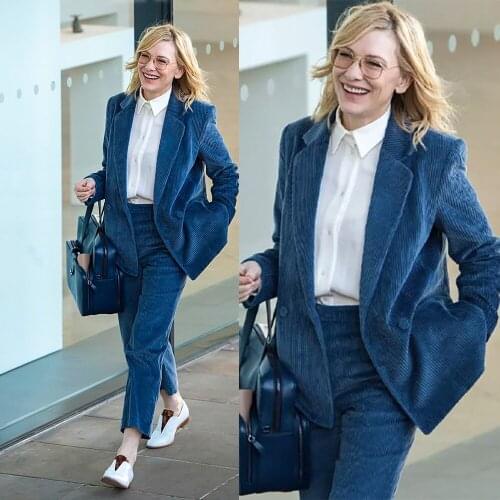 Winter Warm Corduroy Women Suits 2 Pieces Pants Jacket Streetwear Casual Daily Fashion Jacket Double Breasted Blazer