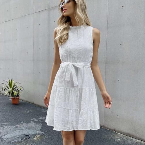 Summer Cotton Womens Dress Round Collar Sleeveless Pullover Sashes Solid Fashion Casual Dress