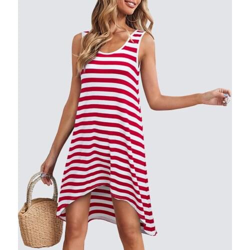 Women Summer Cool Casual Scoop Neck Sleeveless Striped Irregular Hemline Loose Straight Mini Dress H735