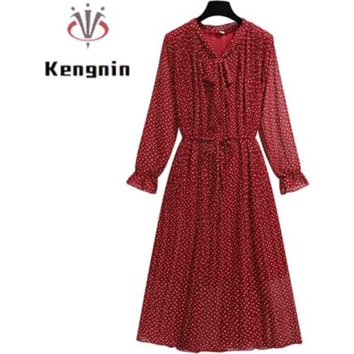 Autumn Loose Oversized 4XL Women Dresses Long Sleeve Red Color Ladies Vestidos Dress Bow Chiffon Female Dot Print Robe KE1885