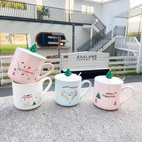 1pcs Christmas Ceramic Mugs Breakfast Mugs for Personalized Couples with Cover and Spoon Creative Office Coffee Mugs