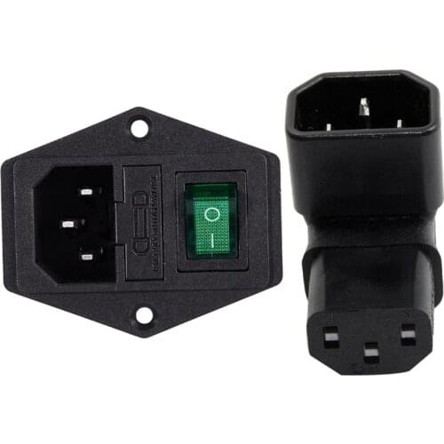 2 Pcs IEC320 C14 Inlet Green Lamp Switch Power Socket & 1 Pcs C14 to Up Right Angled 90 Degree IEC Female Adapter
