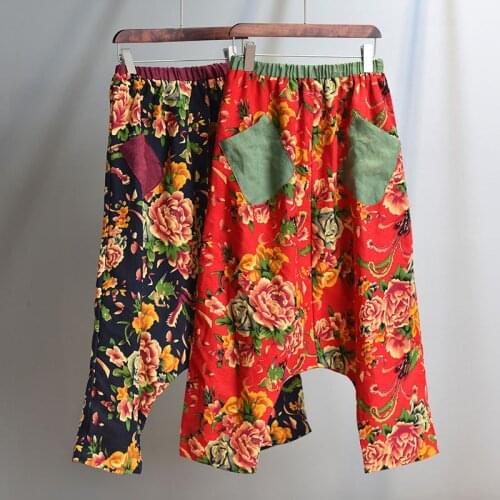 Elastic Waist Chinese Style Pants Women Summer Vintage Harem Trousers Ethnic hip hop Drop Crotch pants Baggy Travel Bloomers