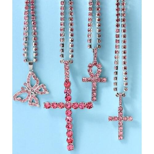 Trendy New Shiny Crystal Chain Necklace For Women Pink Rhinestone Cross Hip Hop Pendant Necklace Men Personality Jewelry Gift