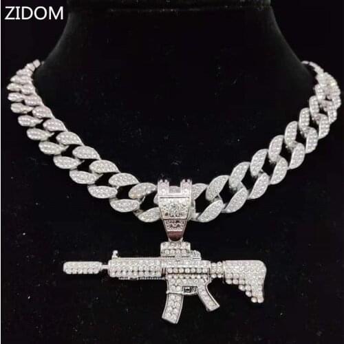 Men Women Hip Hop Iced Out Bling Submachine Gun Pendant Necklace with 15mm Miami Cuban Chain HipHop Necklaces Fashion Jewelry