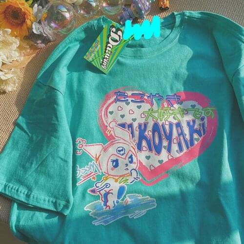 NEW Cotton Short Sleeve Womens T-shirt Cute Anime Cartoon Print Tops Vintage Harajuku Streetwear Loose Top Summer Simple Tees