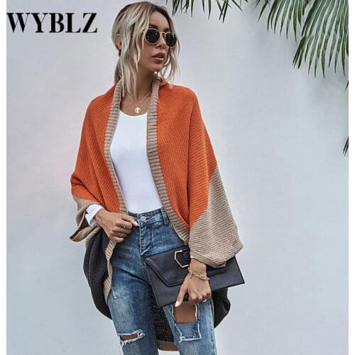 WYBLZ Fashion Elegant Contrasting Cardigan Sweater for Fall/Winter 2021 Irregular Loose Long Temperament Knitted Sweater Women