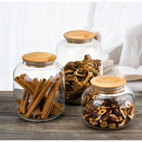 Transparent Glass Tea Caddy Portable Sealed Bean Grain Box Spice Jar With Bamboo Lid Kitchen Food Container Candy Storage Tank