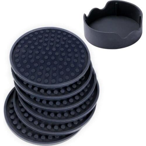 Kitchen Black Round Silicone Coasters 4.3inch 6 pcs/set Drinking Cup Mat Cup Coasters Tableware with holder LX8554