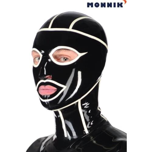 MONNIK latexRealistic Latex Mask Open Eyes and Nostrils Rubber Unisex Hood Unique Club Wear Black and White Stripes Latex mask