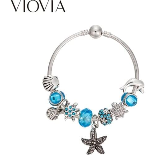 VIOVIA Fashion Jewelry Crystal Beads Charms Bracelets & Bangles for Women Starfish Pendant Bracelets Ciy Gift B17103