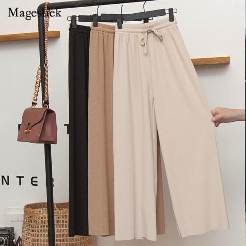 Fashion Khaki Women High Waist Trousers Womens Loose Summer Pants Soft Ice Silk Full Length Slacks Black Wide Leg Pants 16393