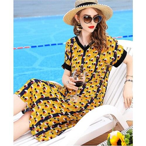 2019 Spring and Summer New Womens Fashion Elegant Print Loose Large Size Was Thin Silk Short-sleeved Dress in the Long Section