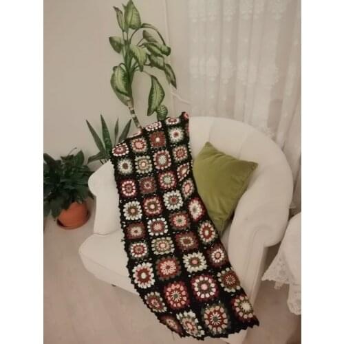Handmade original crochet afghan blanket hand hook crochet blanket cushion felt pastoral style grandma square