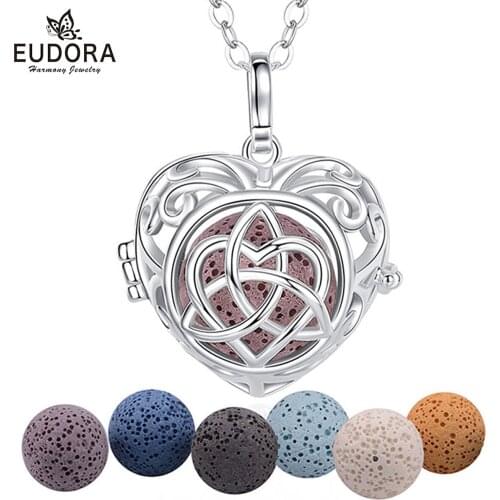 EUDORA NEW 18mm Aromatherapy Perfume Essential Oils Diffuser Necklace Heart Locket Cage Pendant with Fun Lava Stone K336N18