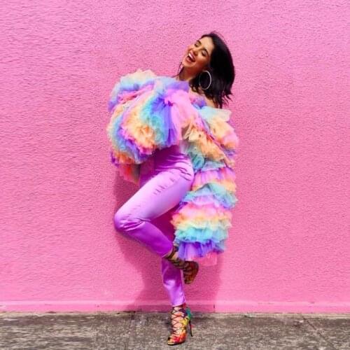 Chic Rainbow Ruffles Tulle Women Jackets 2020 Puff Full Sleeves Short Jacket Sweater New Femme Veste Mujer Chaqueta